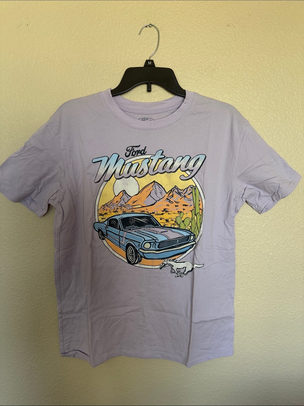 Ford Lavender Mustang Graphic Tee with Blue Car Illustration for Women